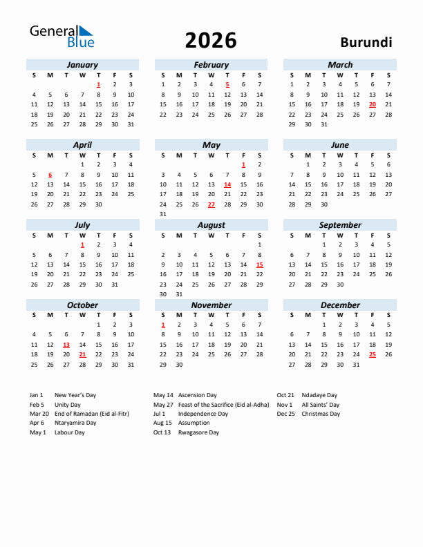 2026 Calendar for Burundi with Holidays