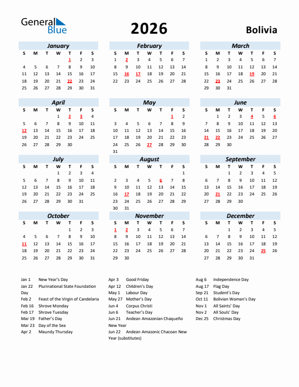 2026 Calendar for Bolivia with Holidays