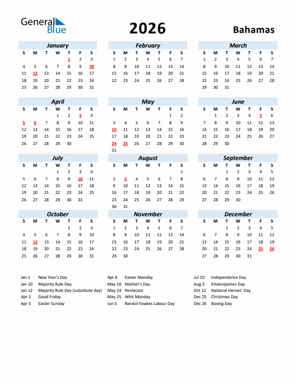 2026 Calendar for Bahamas with Holidays