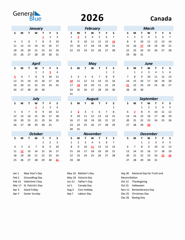 2026 Calendar for Canada with Holidays