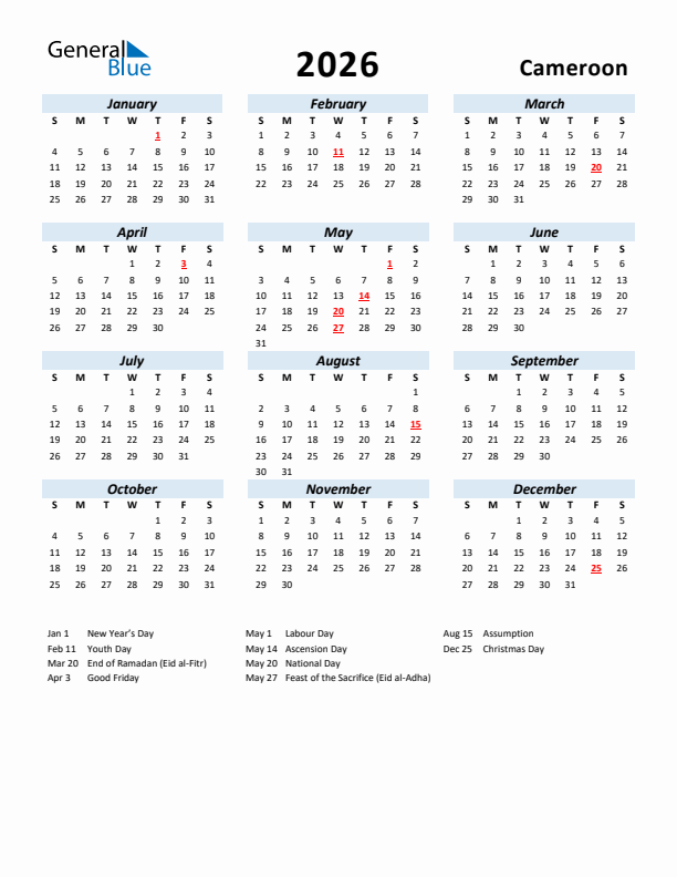 2026 Calendar for Cameroon with Holidays