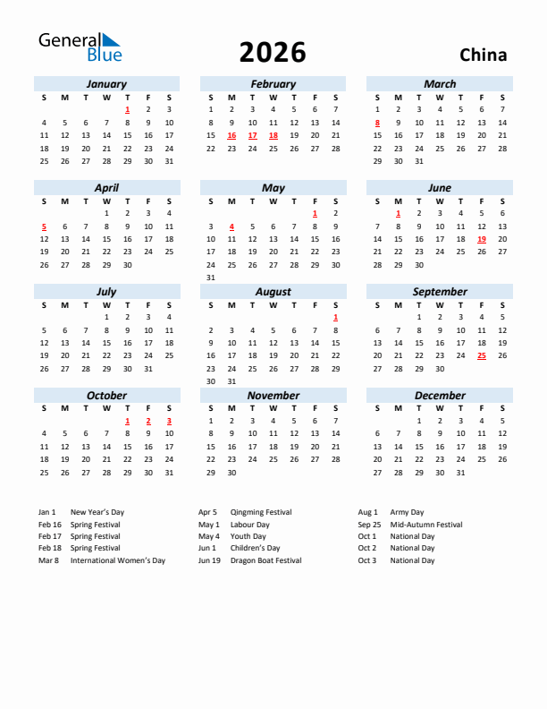 2026 Calendar for China with Holidays