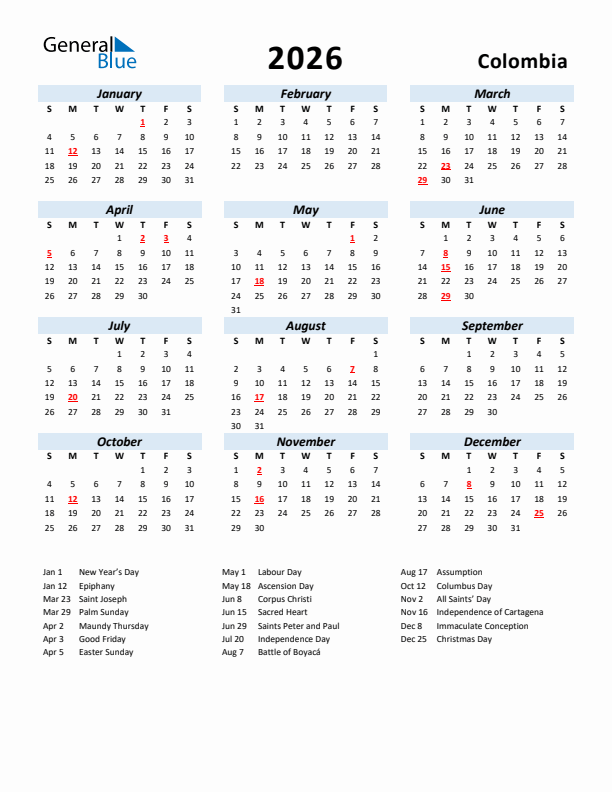 2026 Calendar for Colombia with Holidays