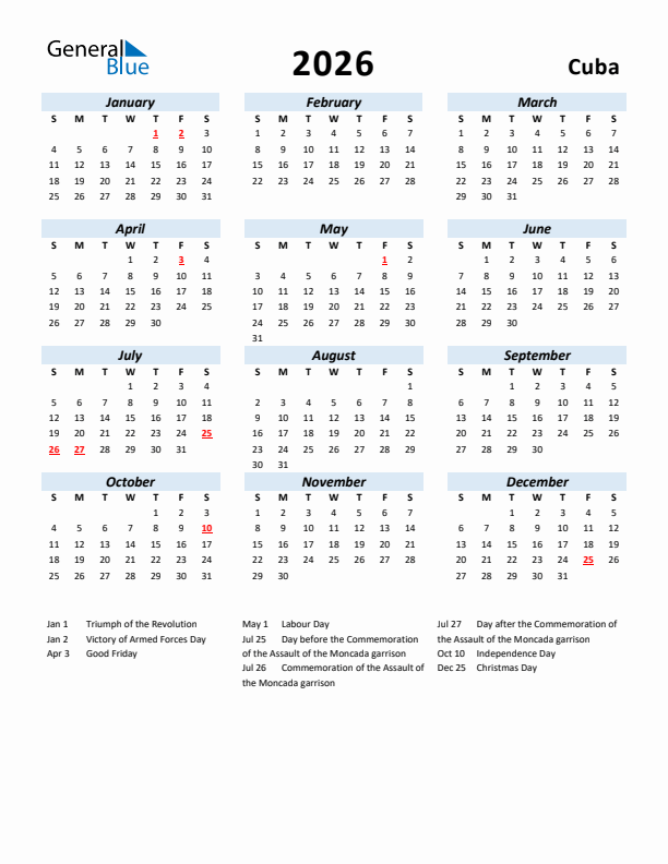 2026 Calendar for Cuba with Holidays