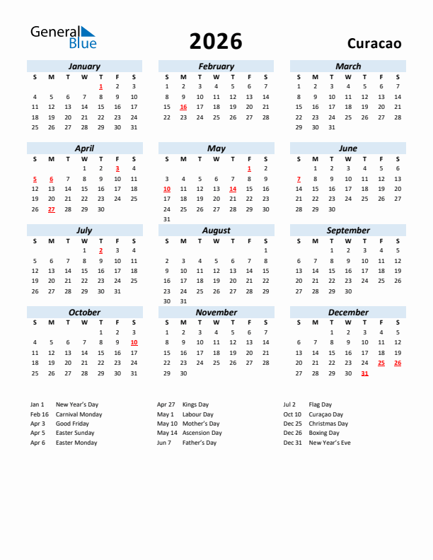 2026 Calendar for Curacao with Holidays