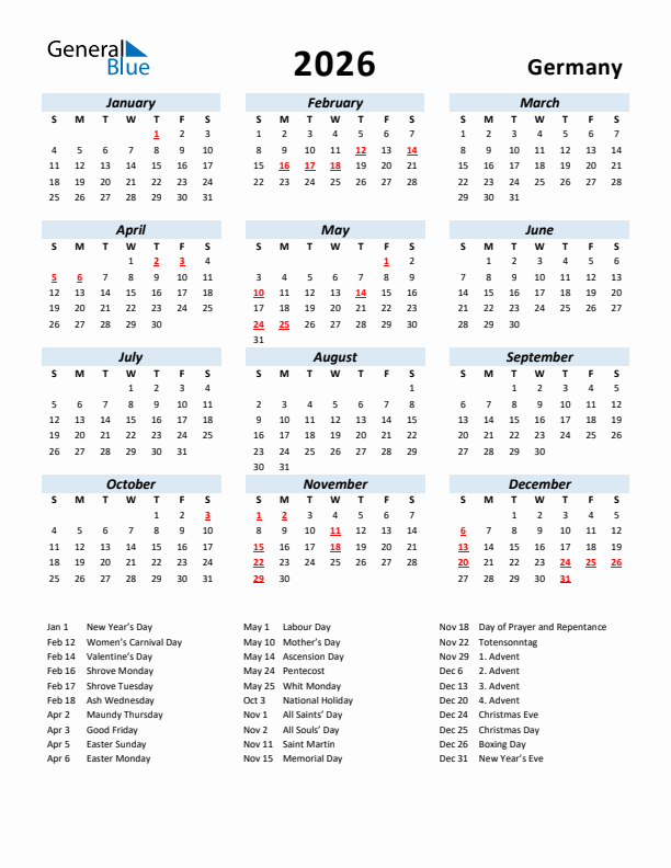 2026 Calendar for Germany with Holidays