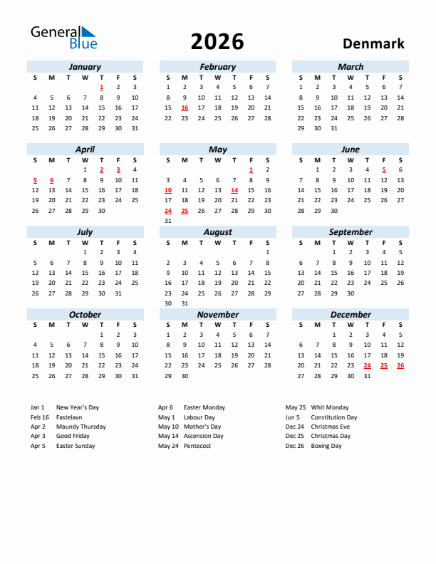 2026 Calendar for Denmark with Holidays