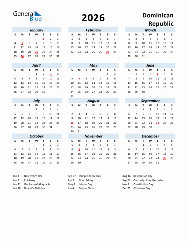 2026 Calendar for Dominican Republic with Holidays