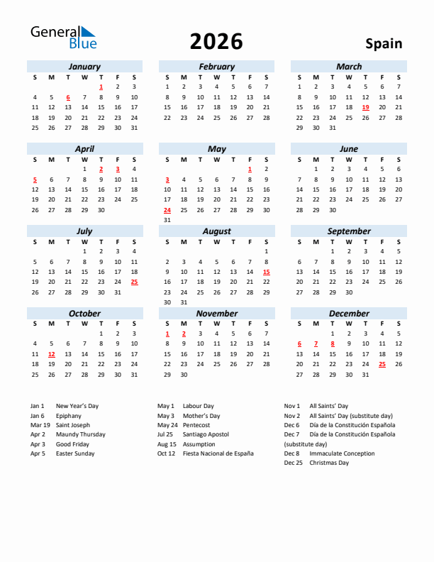 2026 Calendar for Spain with Holidays