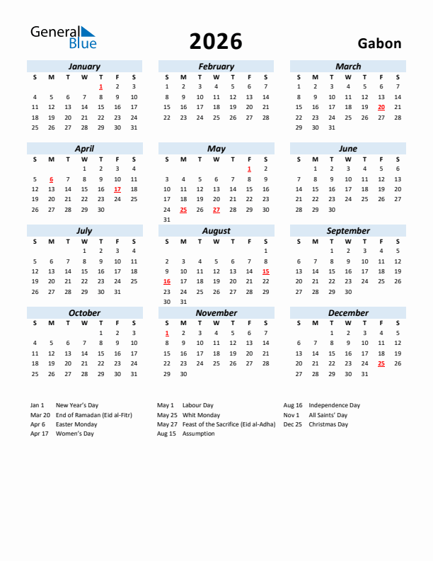 2026 Calendar for Gabon with Holidays