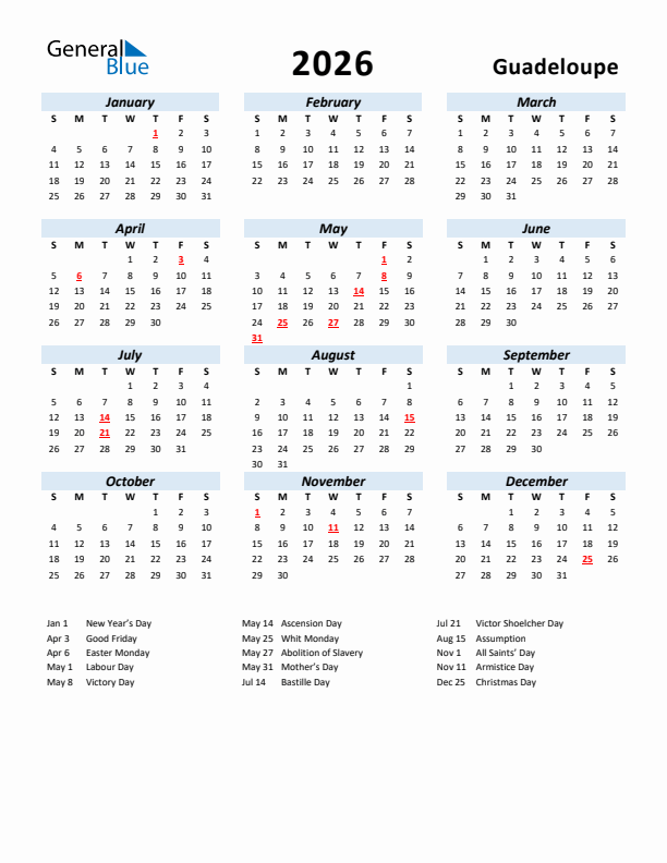 2026 Calendar for Guadeloupe with Holidays