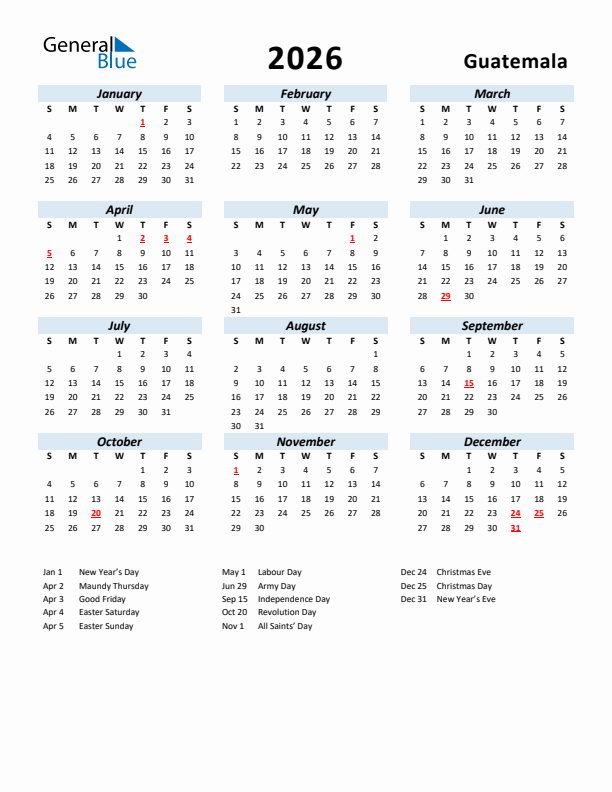 2026 Calendar for Guatemala with Holidays