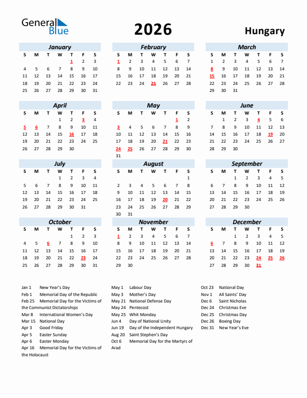 2026 Calendar for Hungary with Holidays