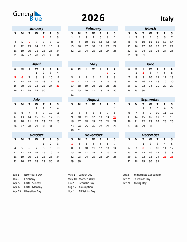 2026 Calendar for Italy with Holidays