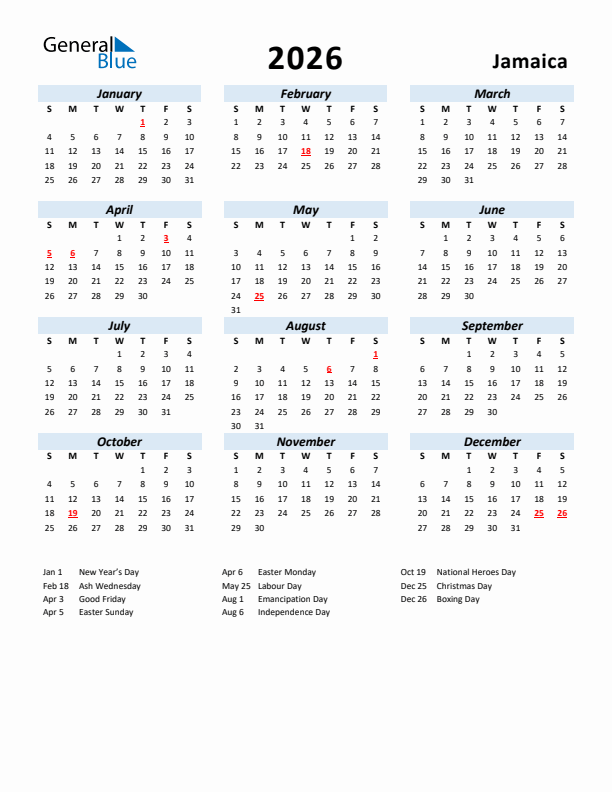 2026 Calendar for Jamaica with Holidays