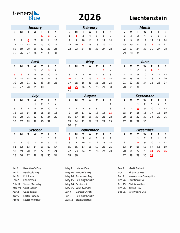 2026 Calendar for Liechtenstein with Holidays