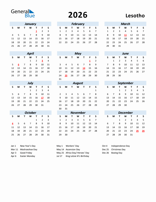 2026 Calendar for Lesotho with Holidays