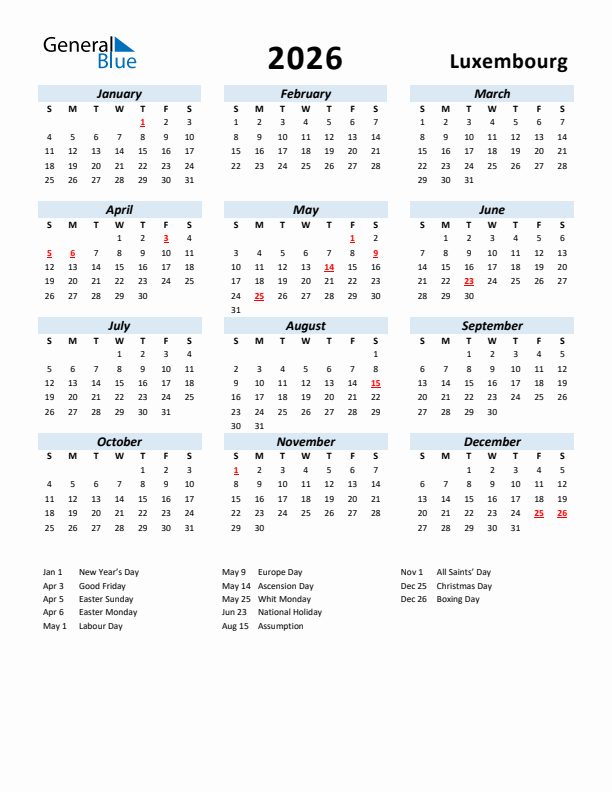 2026 Calendar for Luxembourg with Holidays