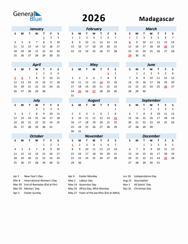 2026 Calendar for Madagascar with Holidays