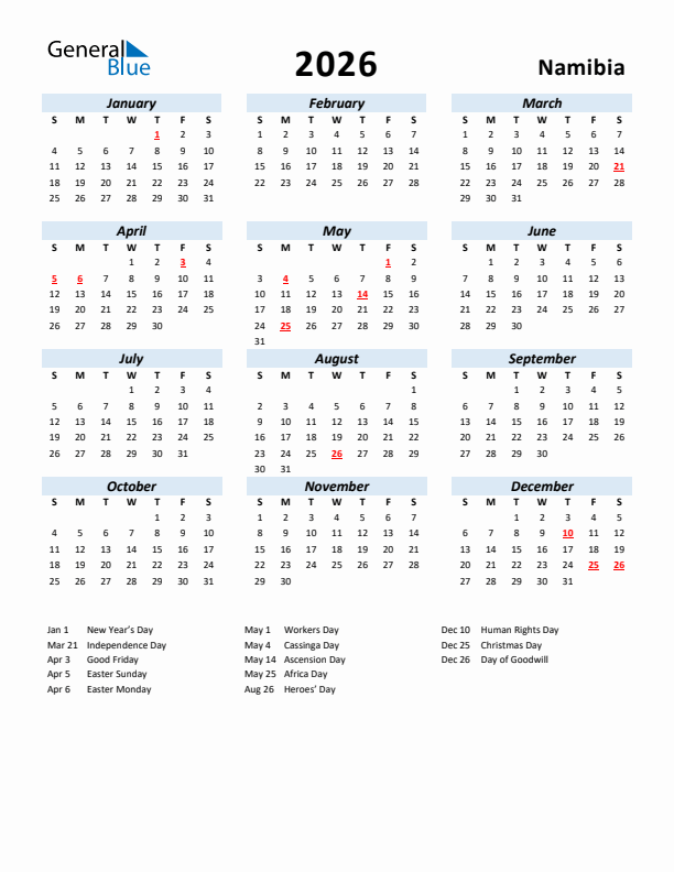 2026 Calendar for Namibia with Holidays