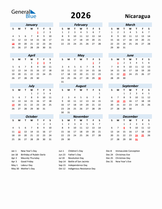 2026 Calendar for Nicaragua with Holidays