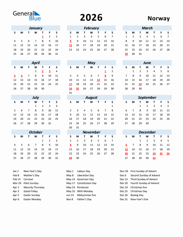 2026 Calendar for Norway with Holidays