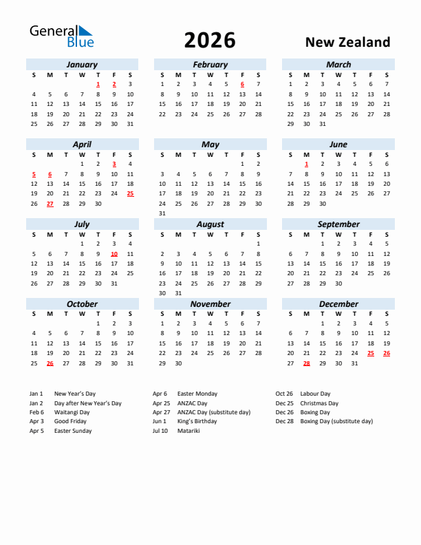 2026 Calendar for New Zealand with Holidays