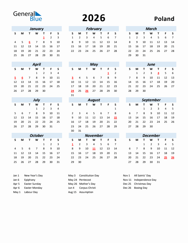 2026 Calendar for Poland with Holidays