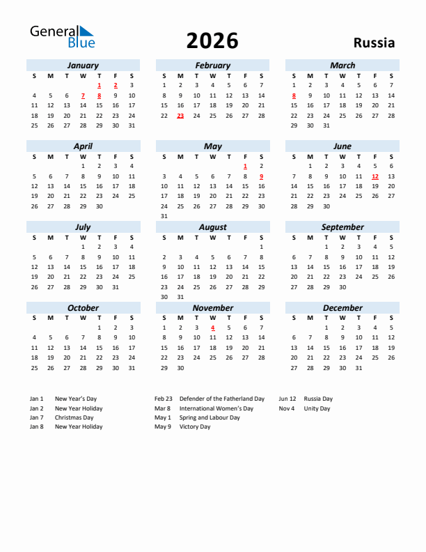 2026 Calendar for Russia with Holidays