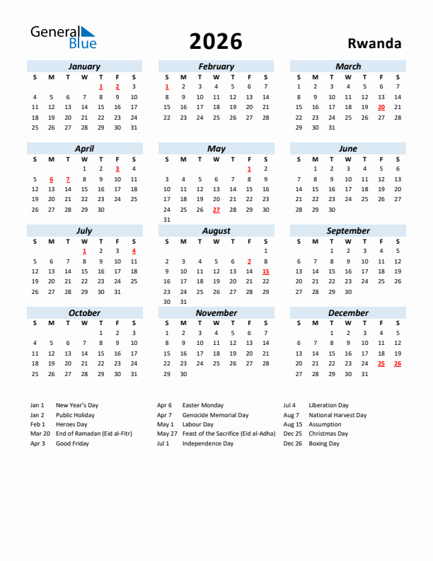 2026 Calendar for Rwanda with Holidays