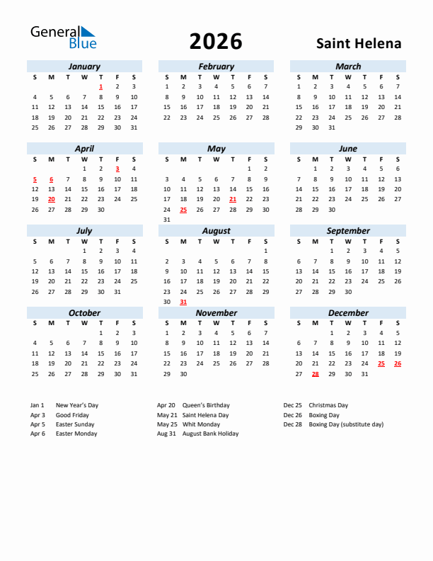 2026 Calendar for Saint Helena with Holidays