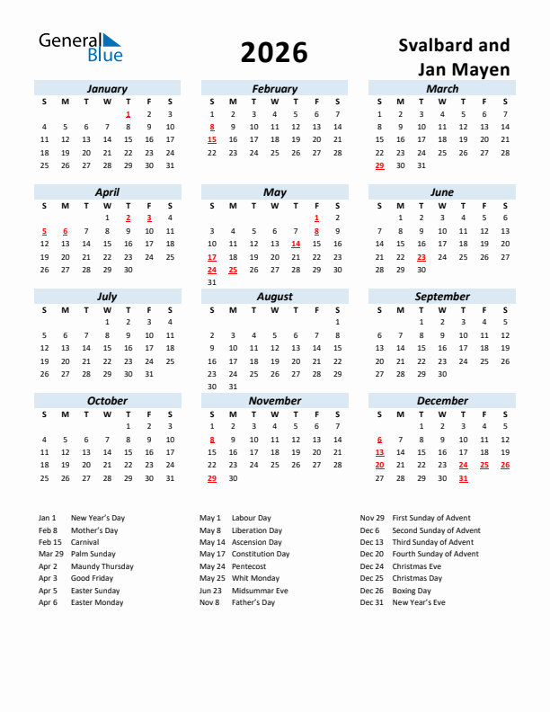 2026 Calendar for Svalbard and Jan Mayen with Holidays