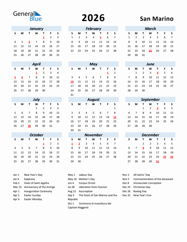 2026 Calendar for San Marino with Holidays