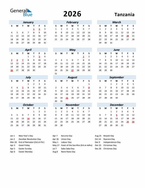 2026 Calendar for Tanzania with Holidays