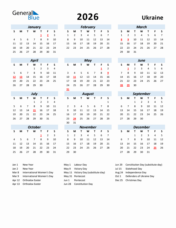 2026 Calendar for Ukraine with Holidays