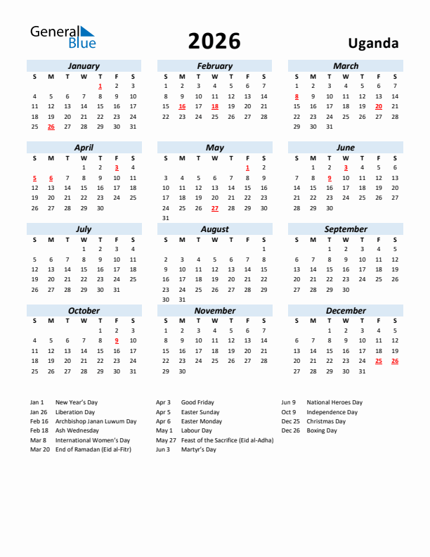 2026 Calendar for Uganda with Holidays