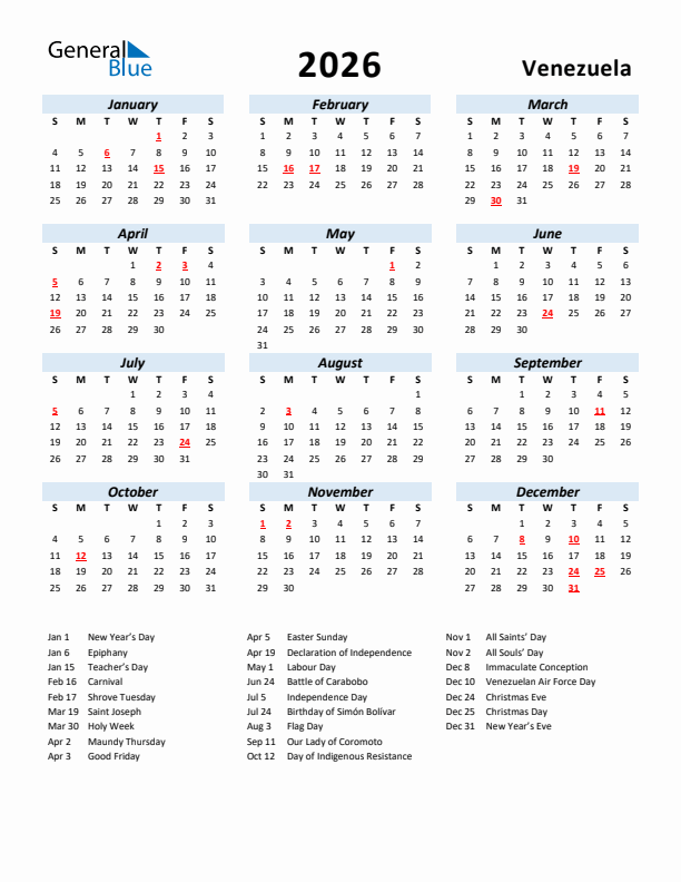 2026 Calendar for Venezuela with Holidays