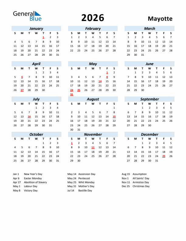 2026 Calendar for Mayotte with Holidays