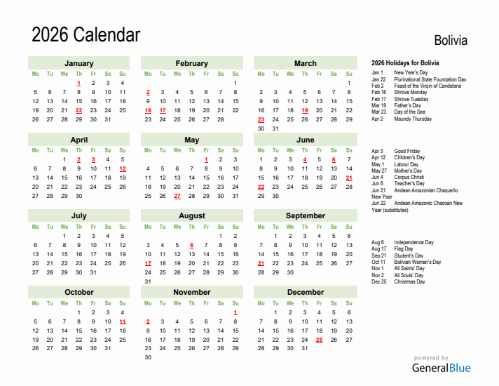 Holiday Calendar 2026 for Bolivia (Monday Start)