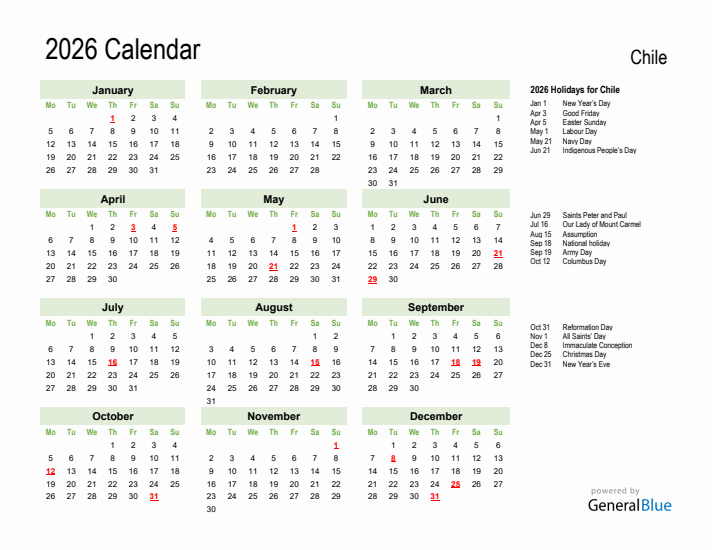 Holiday Calendar 2026 for Chile (Monday Start)