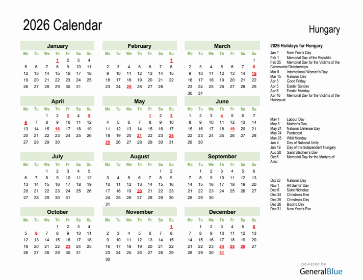 Holiday Calendar 2026 for Hungary (Monday Start)