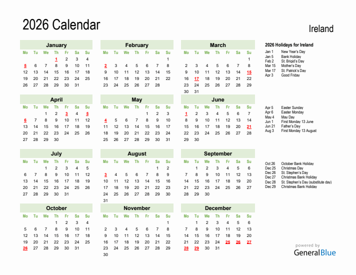 Holiday Calendar 2026 for Ireland (Monday Start)