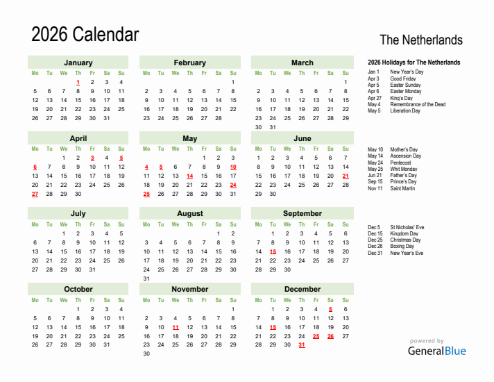 Holiday Calendar 2026 for The Netherlands (Monday Start)