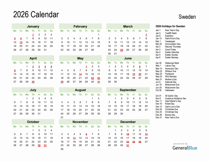 Holiday Calendar 2026 for Sweden (Monday Start)