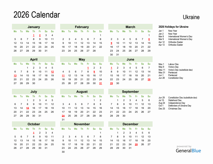 Holiday Calendar 2026 for Ukraine (Monday Start)