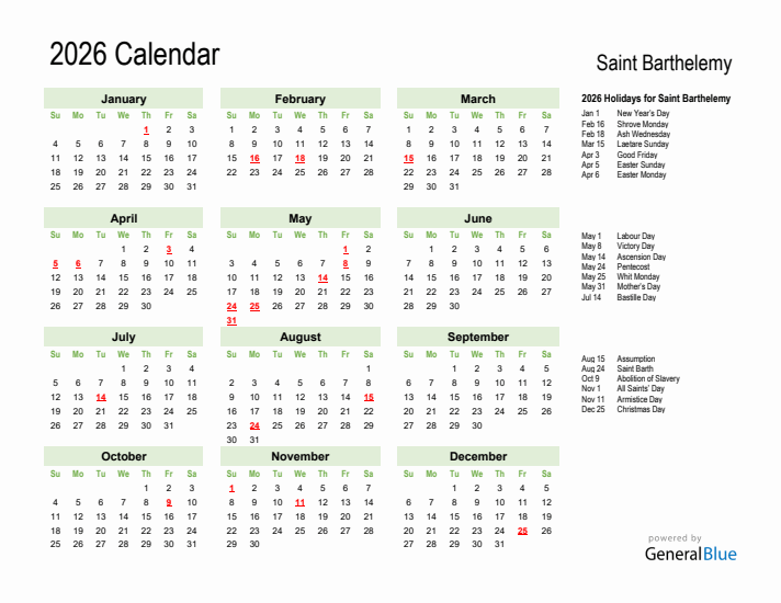 Holiday Calendar 2026 for Saint Barthelemy (Sunday Start)