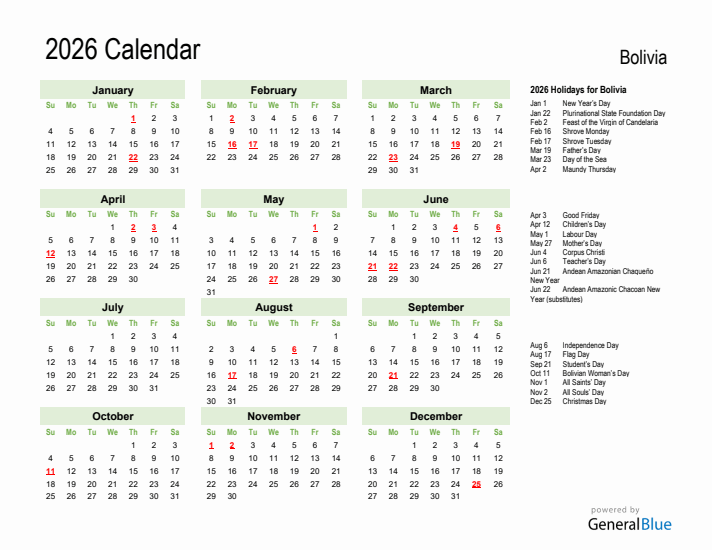 Holiday Calendar 2026 for Bolivia (Sunday Start)