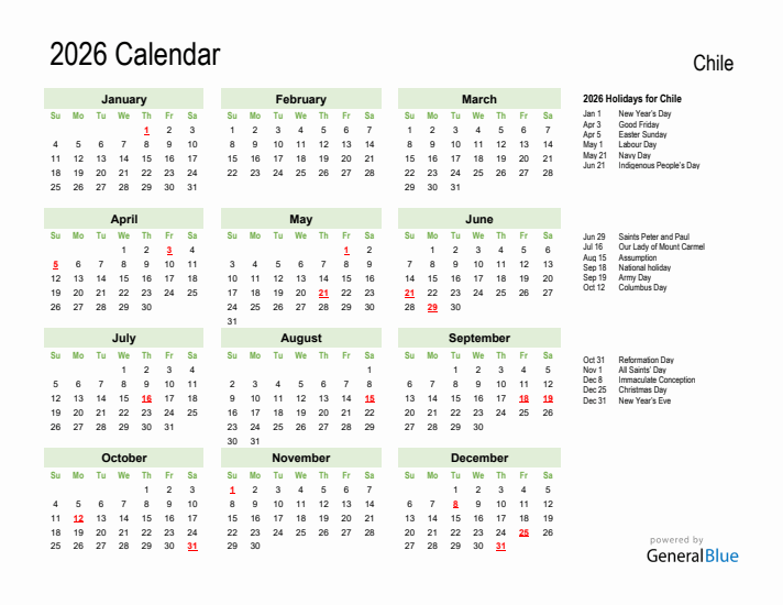 Holiday Calendar 2026 for Chile (Sunday Start)