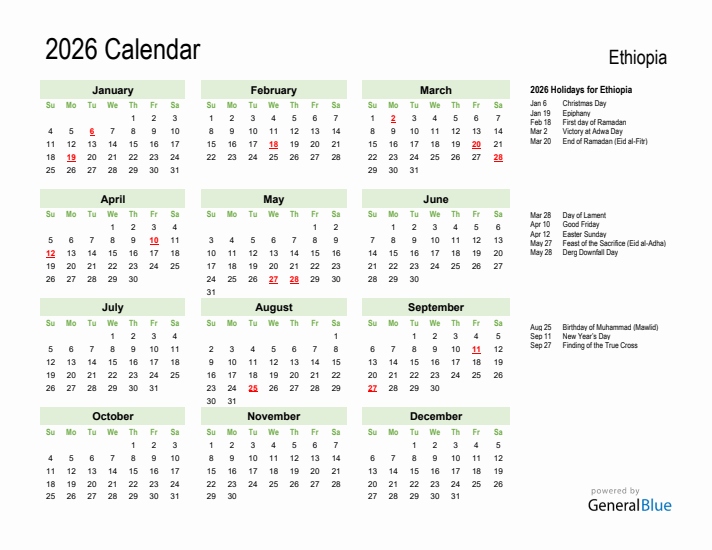 Holiday Calendar 2026 for Ethiopia (Sunday Start)