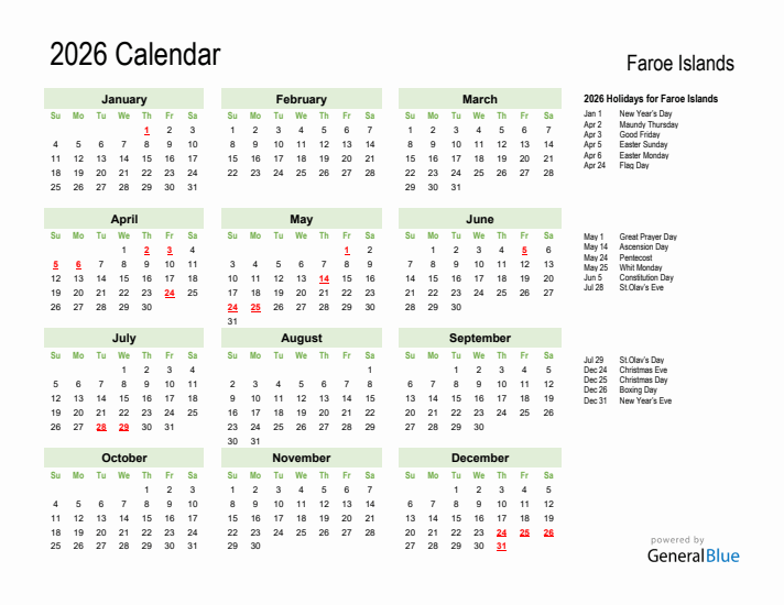 Holiday Calendar 2026 for Faroe Islands (Sunday Start)